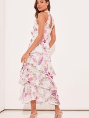Lipsy White Print Halter Tie Waist Tiered Midi Dress - Image 2 of 4