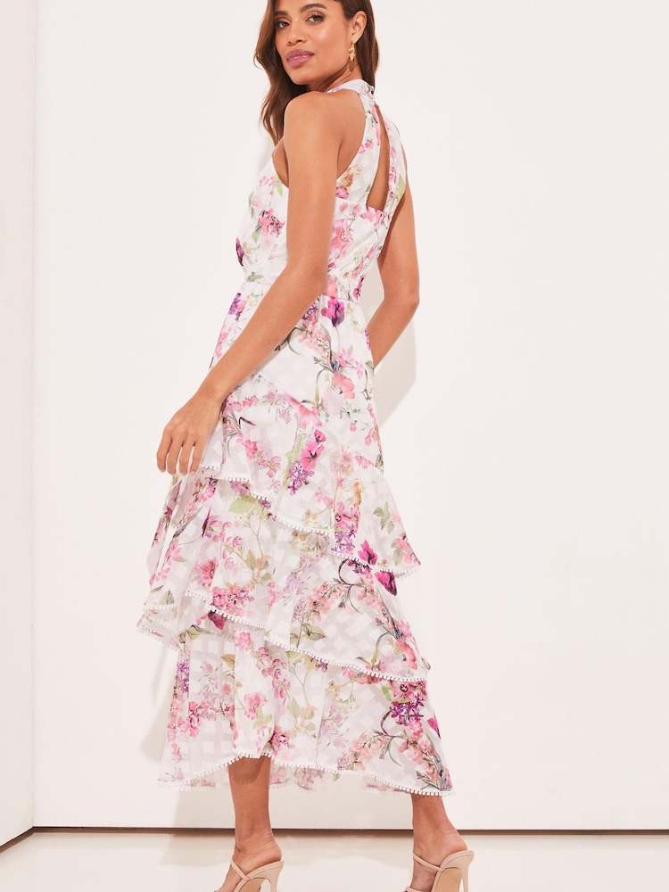 Lipsy White Print Halter Tie Waist Tiered Midi Dress - Image 2 of 4