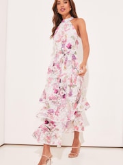 Lipsy White Print Halter Tie Waist Tiered Midi Dress - Image 3 of 4