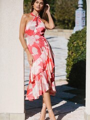 Lipsy White Print Halter Ruffle Tiered Midi Dress - Image 1 of 4