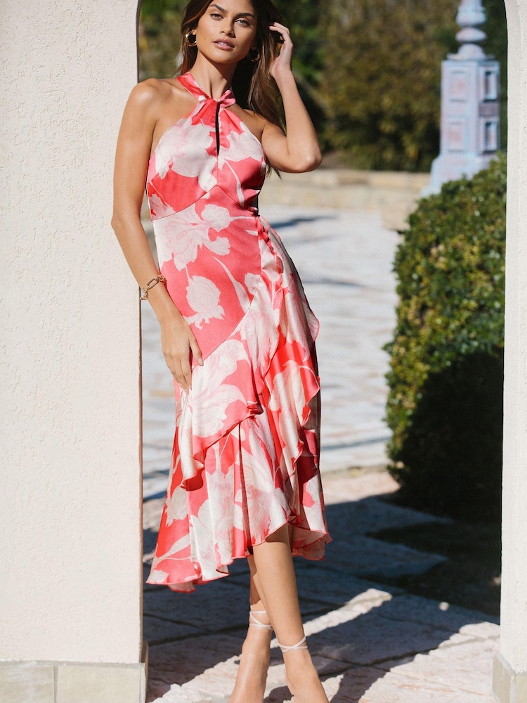 Lipsy White Print Halter Ruffle Tiered Midi Dress - Image 1 of 4 Lipsy White Print Halter Ruffle Tiered Midi Dress - Image 1 of 4
