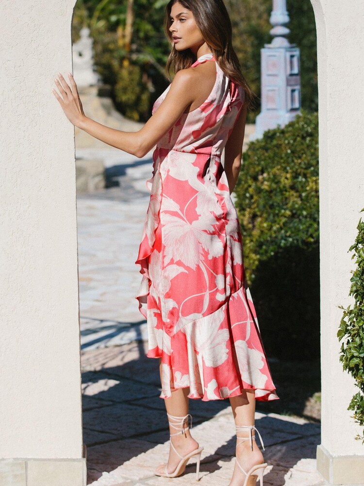Lipsy White Print Halter Ruffle Tiered Midi Dress - Image 2 of 4