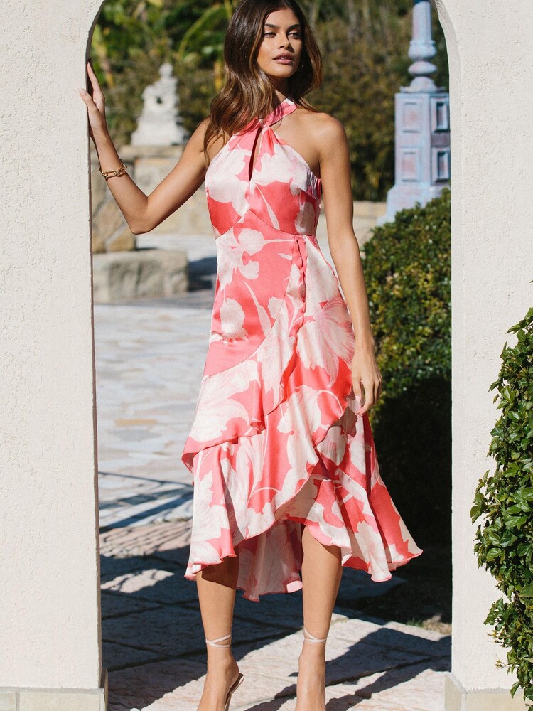 Lipsy White Print Halter Ruffle Tiered Midi Dress - Image 4 of 4