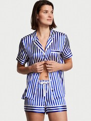 Victoria's Secret Blue Iconic Stripe Satin Short Pyjamas - Image 1 of 1
