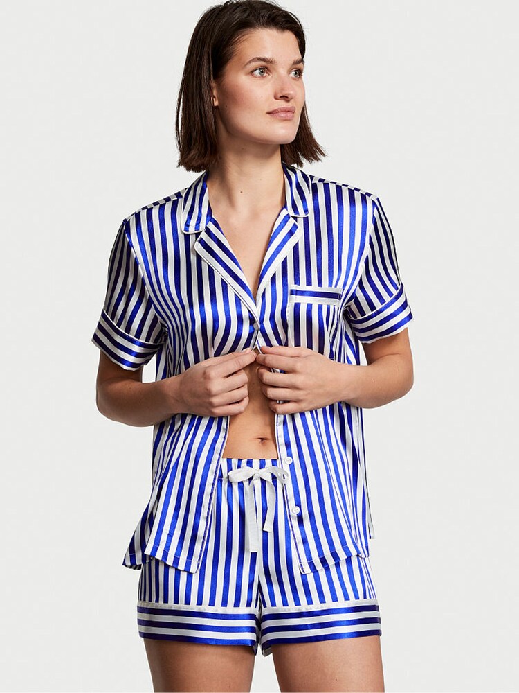 Victoria's Secret Blue Iconic Stripe Satin Short Pyjamas - Image 1 of 1