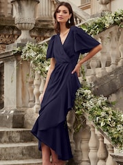 Lipsy Navy Flutter Sleeve Wrap Front Bridesmaid Maxi Dress - Image 1 of 4