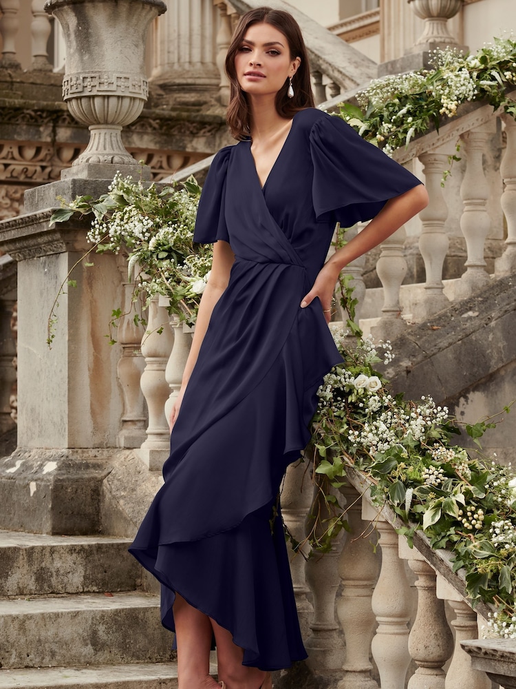 Lipsy Navy Flutter Sleeve Wrap Front Bridesmaid Maxi Dress - Image 1 of 4 Lipsy Navy Flutter Sleeve Wrap Front Bridesmaid Maxi Dress - Image 1 of 4
