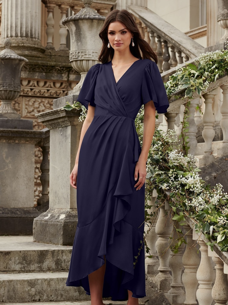 Lipsy Navy Flutter Sleeve Wrap Front Bridesmaid Maxi Dress - Image 2 of 4 Lipsy Navy Flutter Sleeve Wrap Front Bridesmaid Maxi Dress - Image 2 of 4