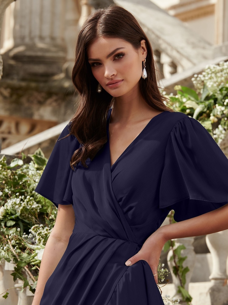 Lipsy Navy Flutter Sleeve Wrap Front Bridesmaid Maxi Dress - Image 3 of 4