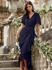 Lipsy Navy Flutter Sleeve Wrap Front Bridesmaid Maxi Dress - Image 4 of 4