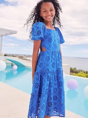 Lipsy Blue Broderie Puff Sleeve Square Neck Tiered Midi Dress - Image 1 of 4