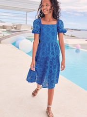 Lipsy Blue Broderie Puff Sleeve Square Neck Tiered Midi Dress - Image 2 of 4