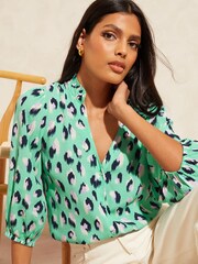 Love & Roses Aqua Green Animal Ruffle V Neck 3/4 Sleeve Button Up Blouse - Image 1 of 4