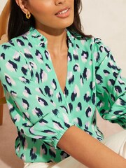 Love & Roses Aqua Green Animal Ruffle V Neck 3/4 Sleeve Button Up Blouse - Image 2 of 4