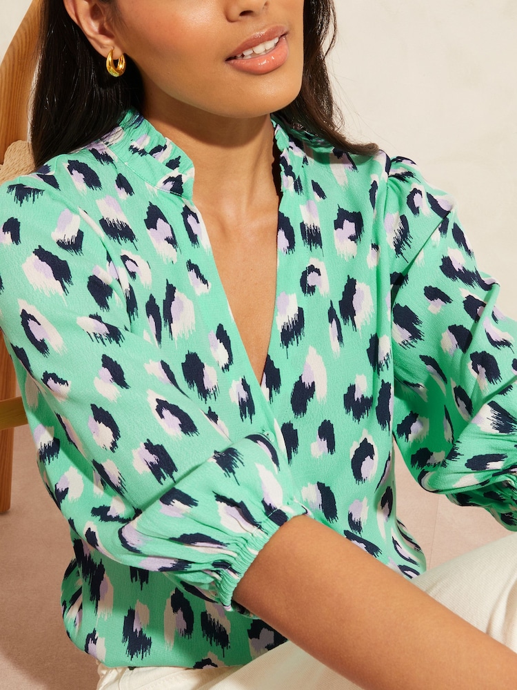 Love & Roses Aqua Green Animal Ruffle V Neck 3/4 Sleeve Button Up Blouse - Image 2 of 4