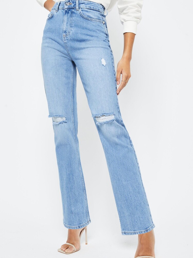 Lipsy Ripped Blue High Waist Straight Leg Harper Jeans - Image 1 of 4 Lipsy Ripped Blue High Waist Straight Leg Harper Jeans - Image 1 of 4