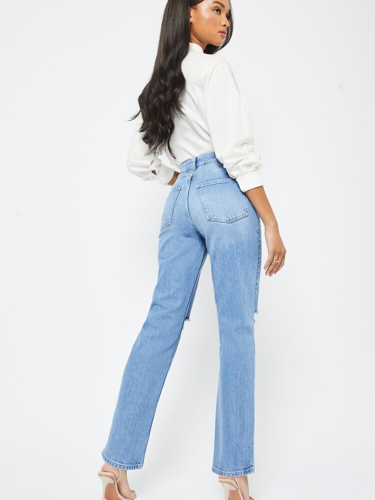 Lipsy Ripped Blue High Waist Straight Leg Harper Jeans - Image 2 of 4 Lipsy Ripped Blue High Waist Straight Leg Harper Jeans - Image 2 of 4