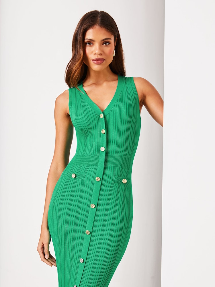 Lipsy Green Button V-Neck Sleeveless Bodycon Midi Dress - Image 1 of 4