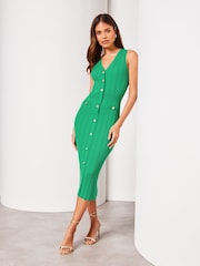 Lipsy Green Button V-Neck Sleeveless Bodycon Midi Dress - Image 3 of 4