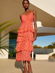 Love & Roses Orange Metallic Print Tiered Cami Midi Dress - Image 1 of 4