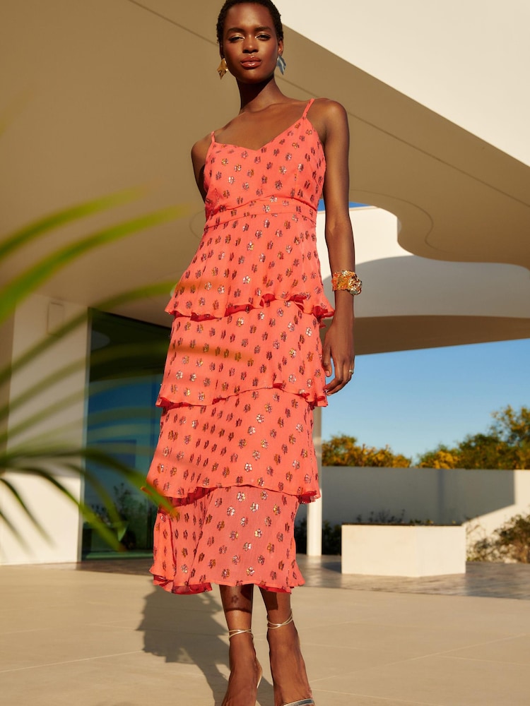 Love & Roses Orange Metallic Print Tiered Cami Midi Dress - Image 1 of 4 Love & Roses Orange Metallic Print Tiered Cami Midi Dress - Image 1 of 4