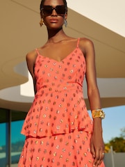 Love & Roses Orange Metallic Print Tiered Cami Midi Dress - Image 2 of 4