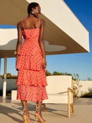 Love & Roses Orange Metallic Print Tiered Cami Midi Dress - Image 3 of 4