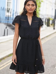 Love & Roses Black Dobby Lace Ruffle Ruffle V Neck Tie Front Short Sleeve Trim Summer Skater Dress - Image 1 of 4