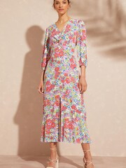 Love & Roses Pink Floral V Neck Twist Front Long Sleeve Midi Dress - Image 1 of 4