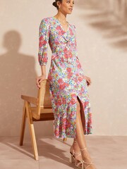 Love & Roses Pink Floral V Neck Twist Front Long Sleeve Midi Dress - Image 4 of 4