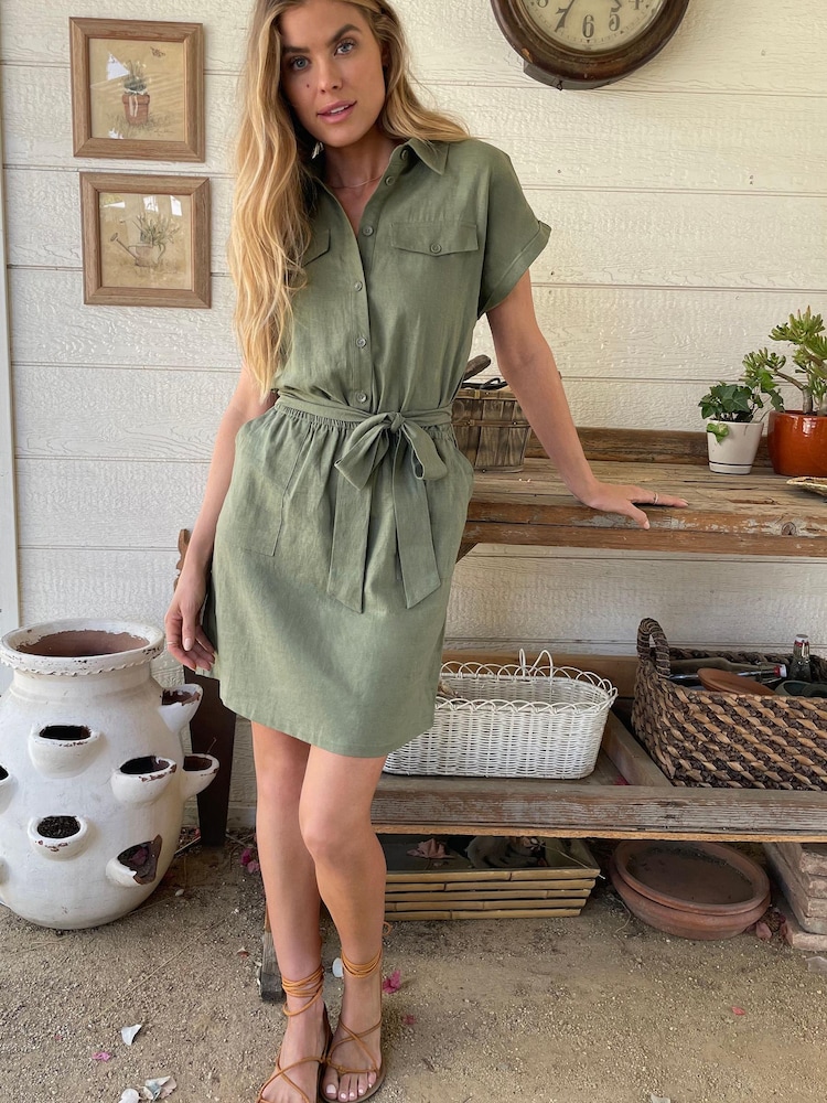 Love & Roses Khaki Green Linen Belted Patch Pocket Mini Shirt Dress - Image 1 of 3