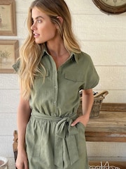 Love & Roses Khaki Green Linen Belted Patch Pocket Mini Shirt Dress - Image 2 of 3