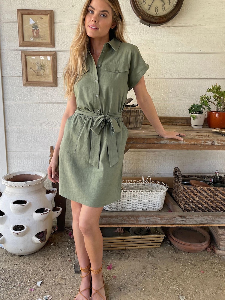 Love & Roses Khaki Green Linen Belted Patch Pocket Mini Shirt Dress - Image 3 of 3