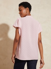 Love & Roses Blush Pink Dobby Spot Ruffle V Neck Flutter Sleeve Blouse - Image 3 of 4