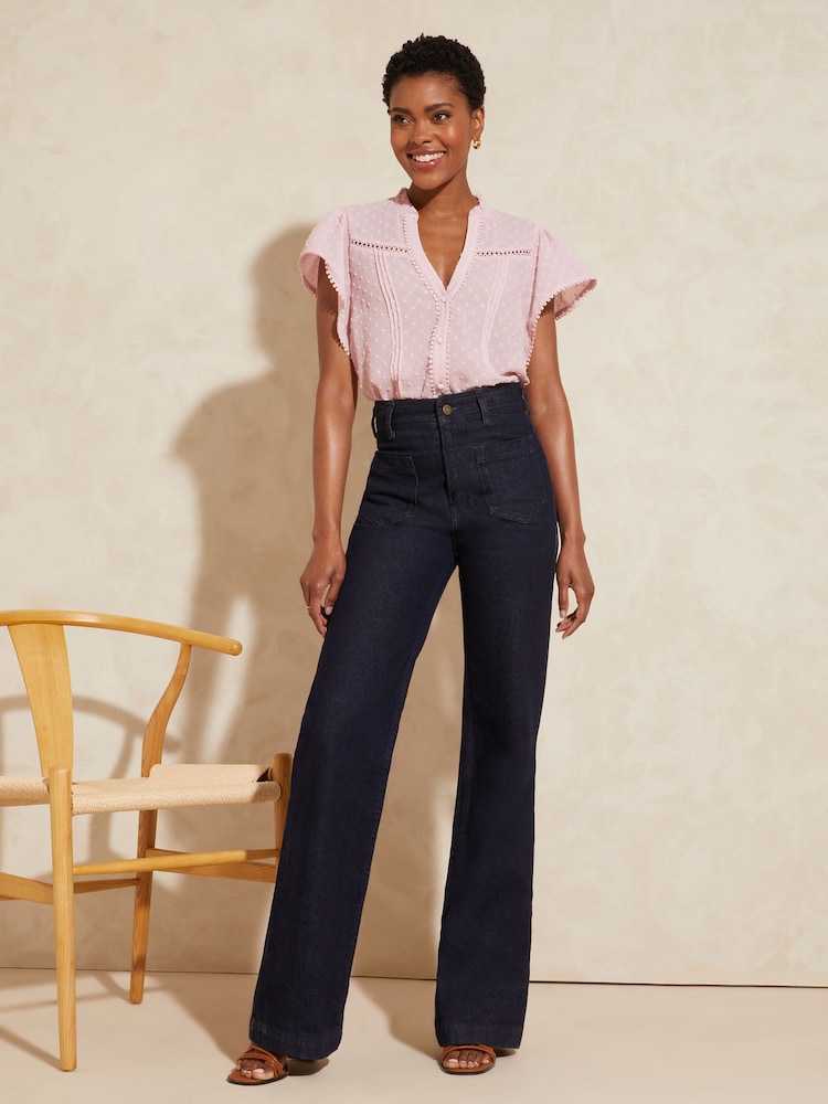Love & Roses Blush Pink Dobby Spot Ruffle V Neck Flutter Sleeve Blouse - Image 4 of 4