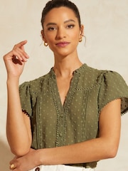 Love & Roses Khaki Green Dobby Spot Ruffle V Neck Flutter Sleeve Blouse - Image 1 of 4