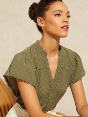 Love & Roses Khaki Green Dobby Spot Ruffle V Neck Flutter Sleeve Blouse - Image 2 of 4