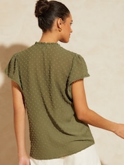 Love & Roses Khaki Green Dobby Spot Ruffle V Neck Flutter Sleeve Blouse - Image 3 of 4
