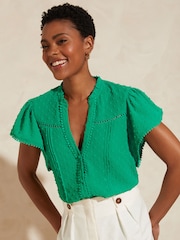 Love & Roses Green Dobby Spot Ruffle V Neck Flutter Sleeve Blouse - Image 1 of 4