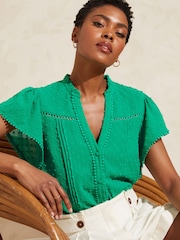 Love & Roses Green Dobby Spot Ruffle V Neck Flutter Sleeve Blouse - Image 2 of 4