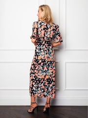 Girl In Mind Black Spot Floral Amelia Black Floral Ruched Detail Midi Dress - Image 3 of 5