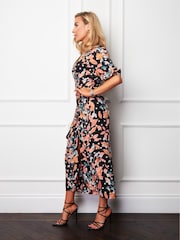 Girl In Mind Black Spot Floral Amelia Black Floral Ruched Detail Midi Dress - Image 4 of 5