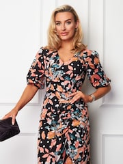 Girl In Mind Black Spot Floral Amelia Black Floral Ruched Detail Midi Dress - Image 5 of 5