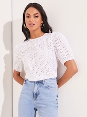Lipsy White Broderie Front Half Sleeve T-Shirt - Image 1 of 4