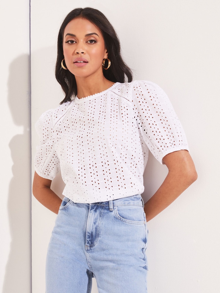 Lipsy White Broderie Front Half Sleeve T-Shirt - Image 1 of 4