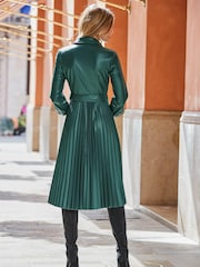 Sosandar Green Belted Faux Leather Pleated Skirt Shirt Dress - Image 4 of 5