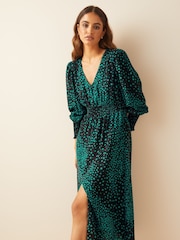 Friends Like These Green Black Print Petite V Neck Shirred Waist Long Puff Sleeve Midi Dress - Image 1 of 4