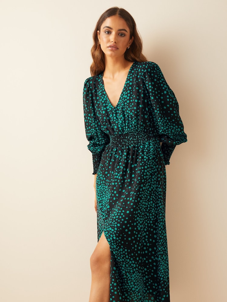 Friends Like These Green Black Print Petite V Neck Shirred Waist Long Puff Sleeve Midi Dress - Image 1 of 4