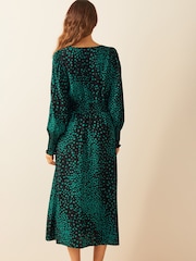 Friends Like These Green Black Print Petite V Neck Shirred Waist Long Puff Sleeve Midi Dress - Image 2 of 4