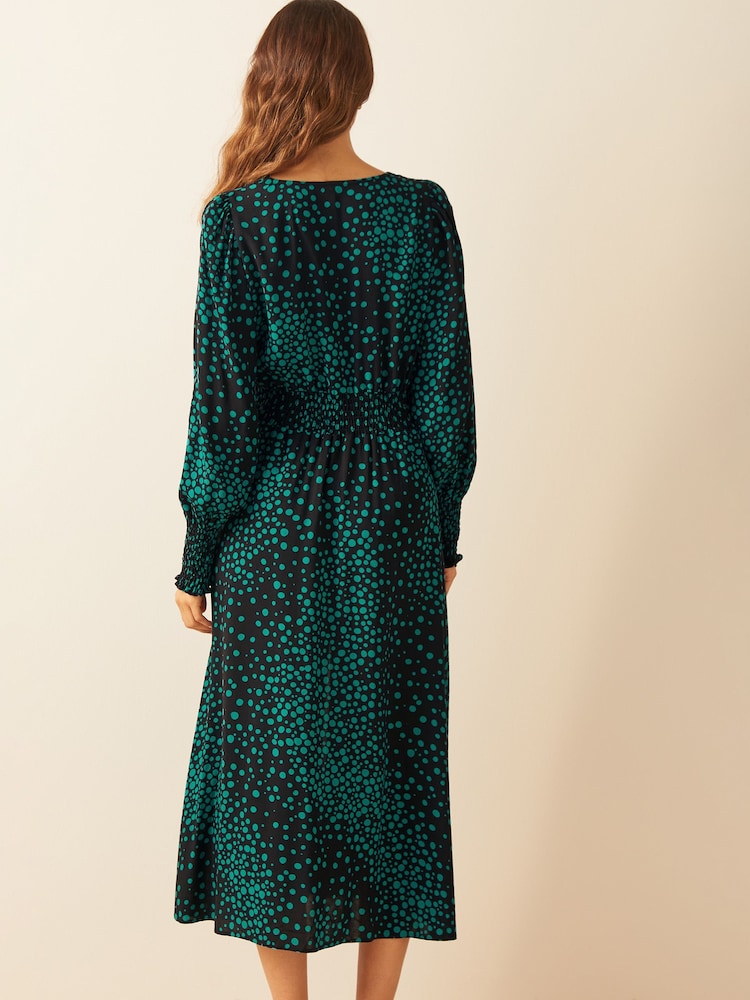 Friends Like These Green Black Print Petite V Neck Shirred Waist Long Puff Sleeve Midi Dress - Image 2 of 4